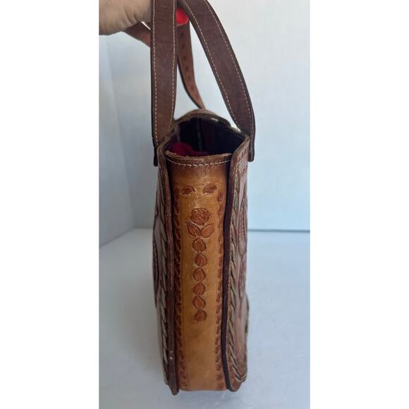 Brown Artisan Hand Tooled Rose Detail Brown Leather Tote Hand Bag Satchel Purse - Picture 3 of 10